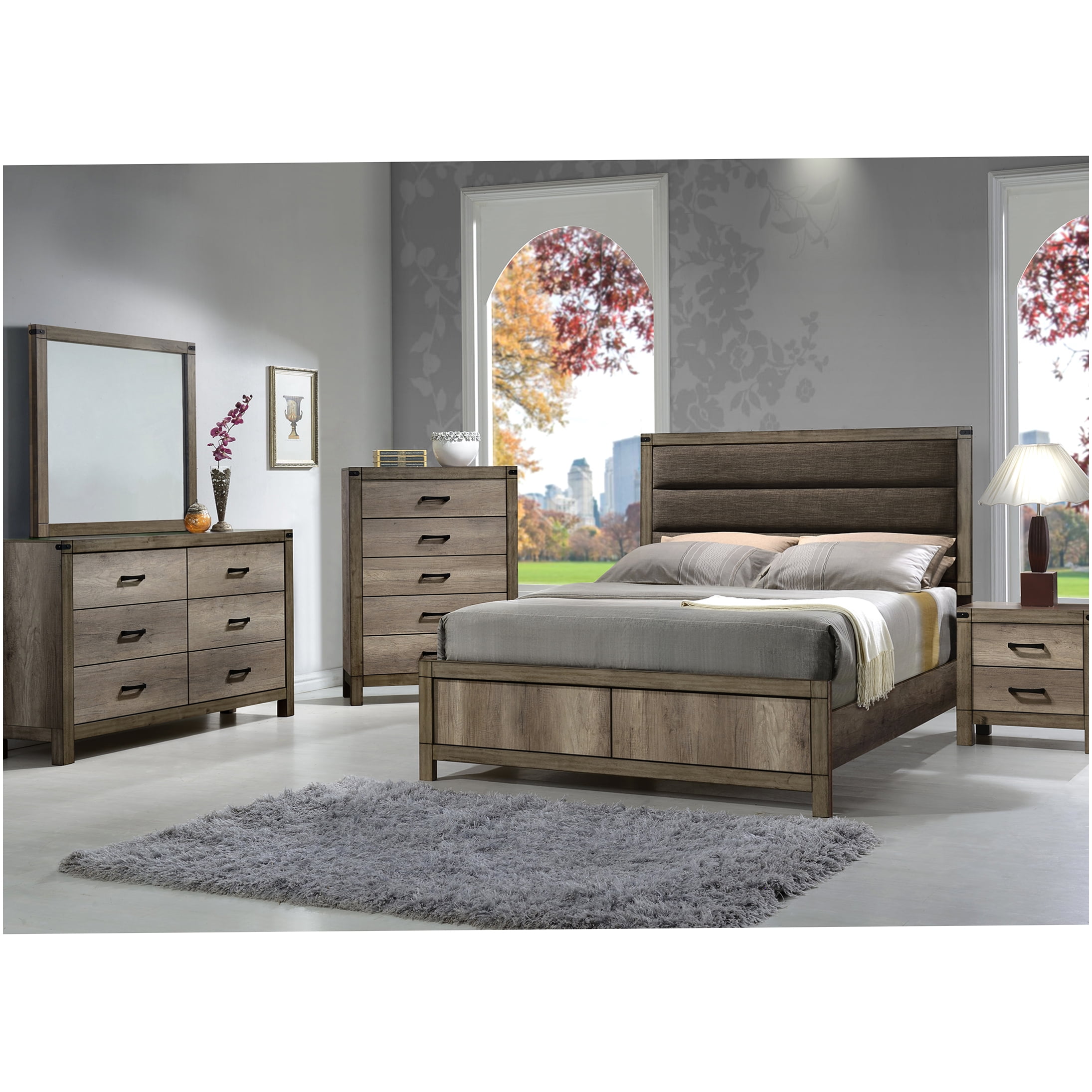 Modern Queen Bed Frame with Upholstered Headboard, Low Profile Platform Bed, Weathered Gray Wood Finish, No Box Spring Needed