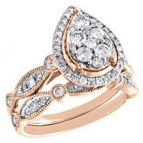 14k Rose Gold Diamond Halo Teardrop Engagement   Wedding Ring Bridal Set 1 CT.