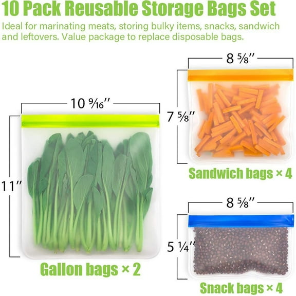 Reusable Storage Bags - 10 Pack Leakproof Freezer Bags(2 Reusable Gallon Bags 4 BPA FREE Reusable Sandwich Bags 4 Reusable Snack Bags) Lunch Bag for Food Marinate Storage Home Organization