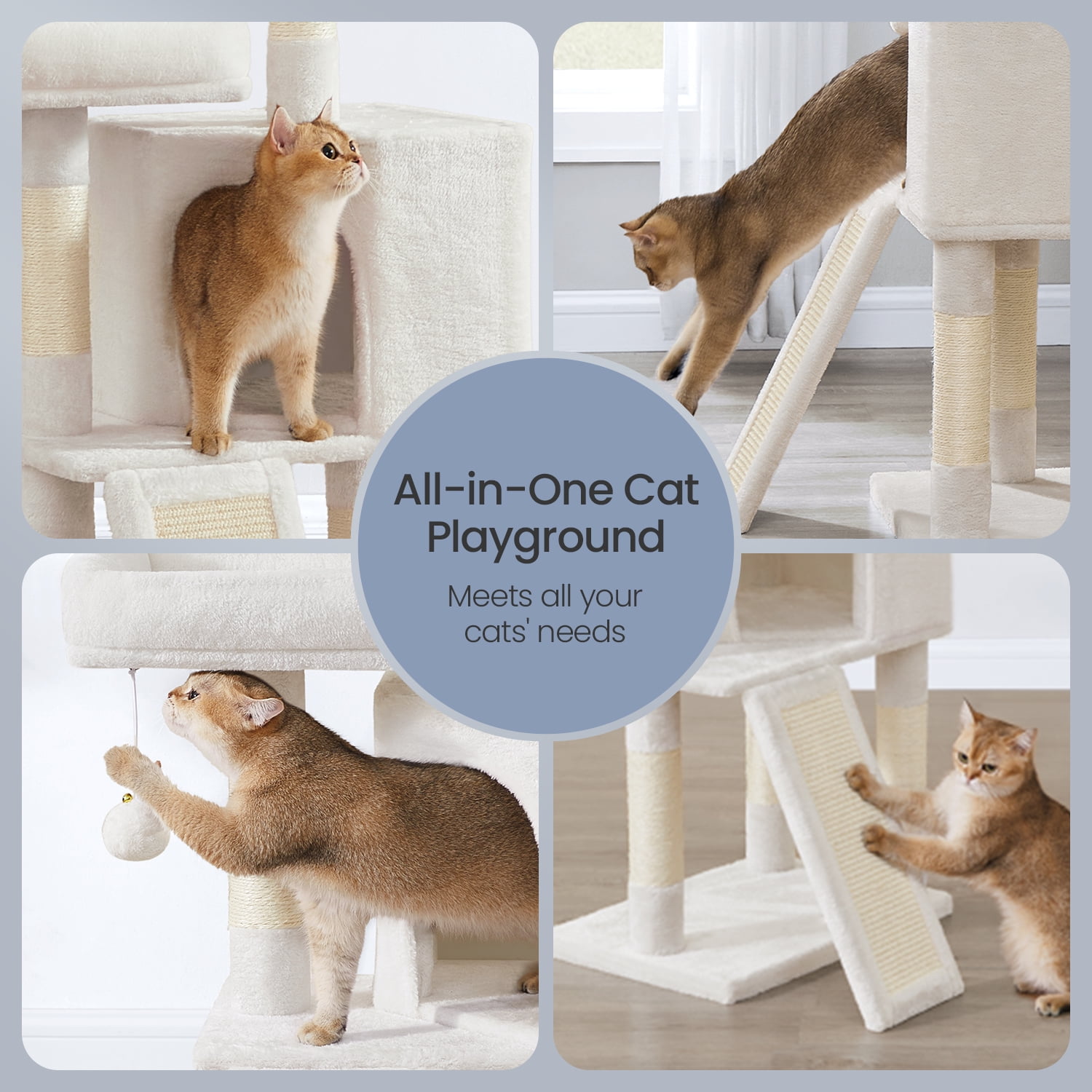 LEDREM Cat Tower, 45.3-Inch Indoor Cat Tree with Scratching Ramp, Perches, Spacious Cat Cave, Multi-Level Condo for Kittens, Adult Cats, Cream White