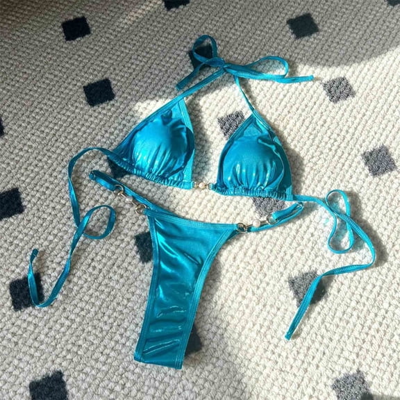 WEIee Women's Bikinis 2 Piece Bathing Suit for Women Lace up Triangle Halter Sleeveless Split Bathing Suits Summer Solid Color Lightweight Ladies Going out Work Swimwear Blue S