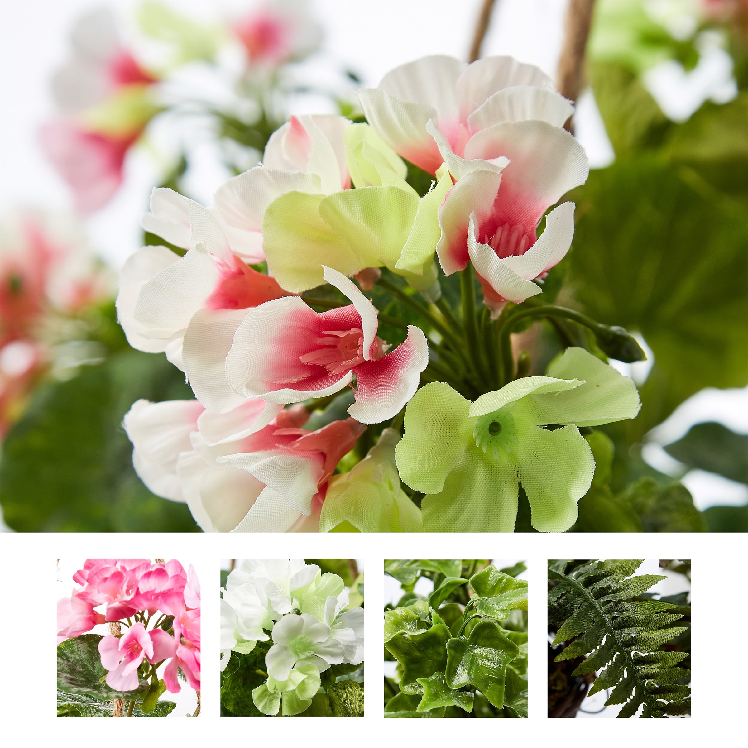 Pure Garden Faux Flowers – Light Pink Geranium Hanging Natural and Lifelike Floral Arrangement with Basket