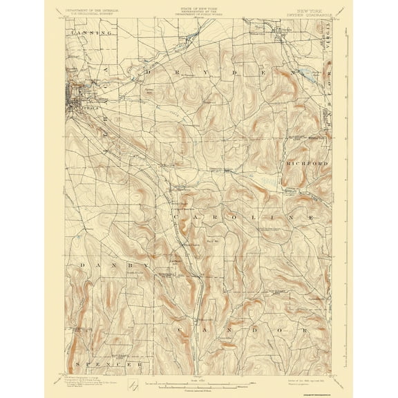 Topographical Map - Dryden New York Quad - USGS 1900 - 23 x 29.64 - Vintage Wall Art