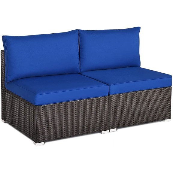 RELAX4LIFE 2-Piece Rattan Armless Sofa - Patio Wicker Sectional Conversation Sofa Set with Removable Cushions, Heavy-Duty Steel Frame, Outdoor Furniture Set for Garden, Backyard, Poolside (Navy Blue)