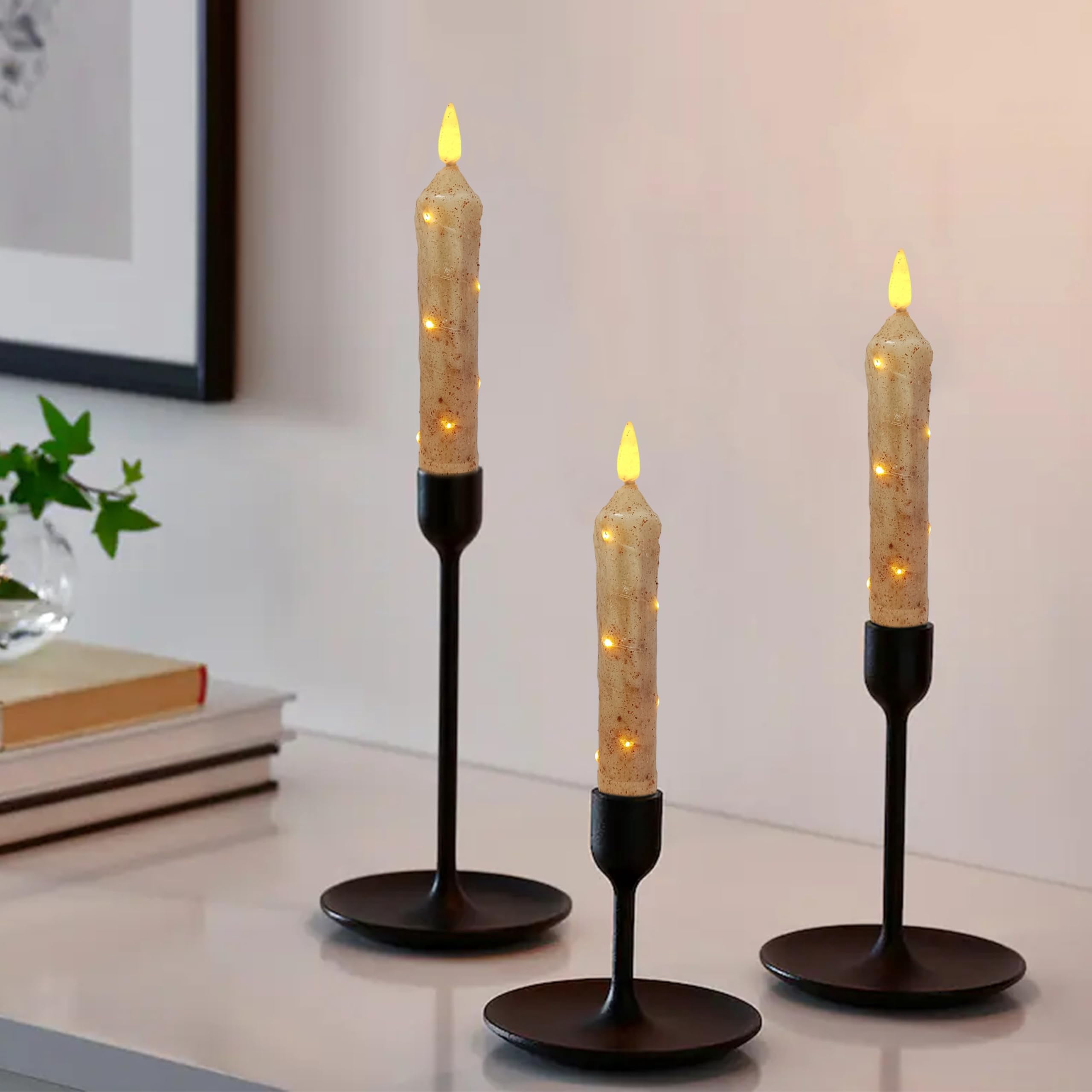 FCMSHAMD 6.5 Inches Primitive Real Wax LED Short Flameless Candles Hand Dipped Battery Operated Taper Candle with Timer Remote for Vintage Rustic Home Decor