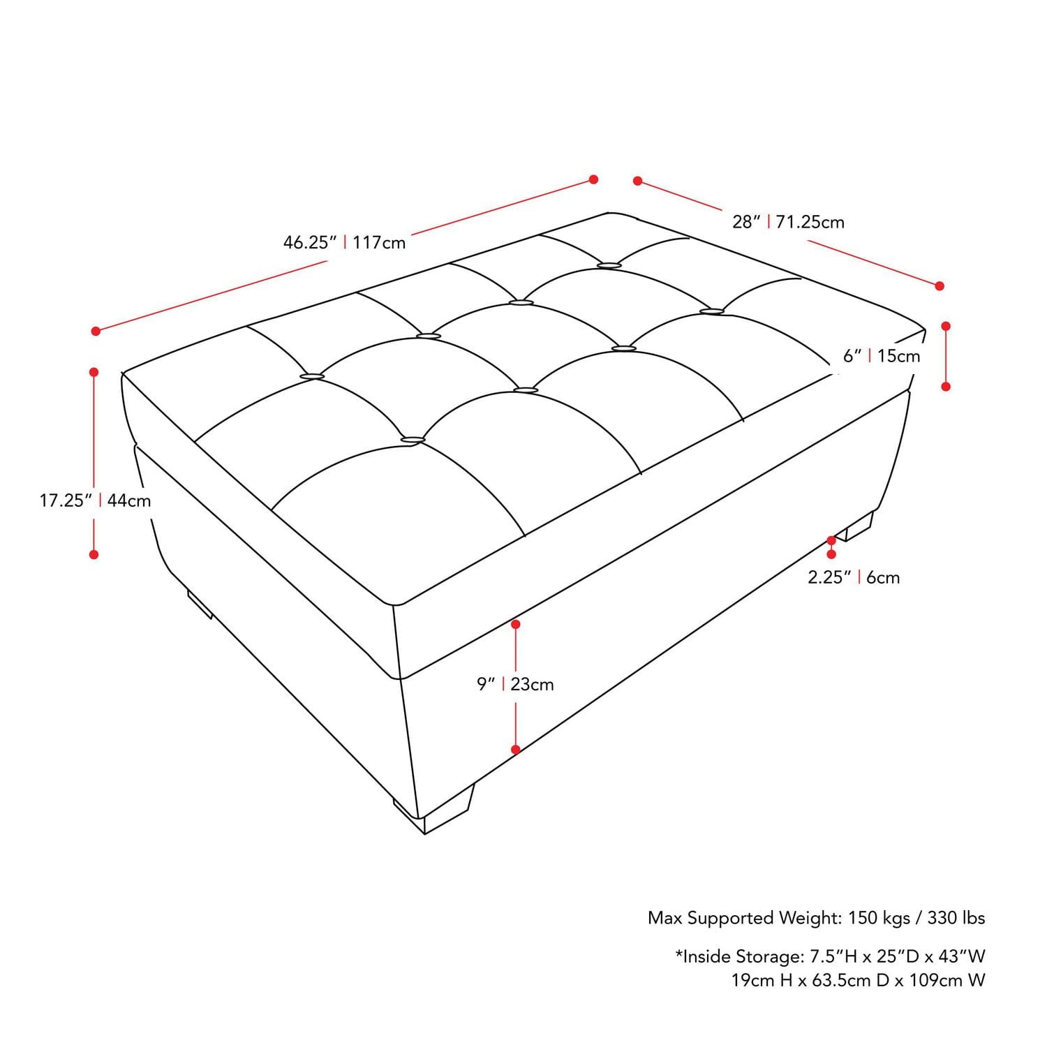 CorLiving Antonio Tufted Fabric Upholstered Rectangular Storage Ottoman