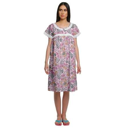 

Moomaya Cotton Lace Neckline Sleepwear For Ladies Round Neck Womens Nightdress