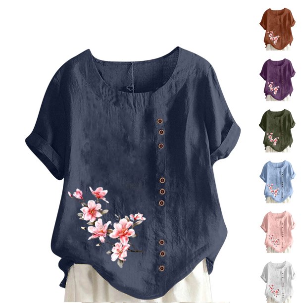 Fiudx Ofertas Flash Artículos En Oferta Blusa Informal y de Lino con Botones y Manga Corta Estampada para Mujer