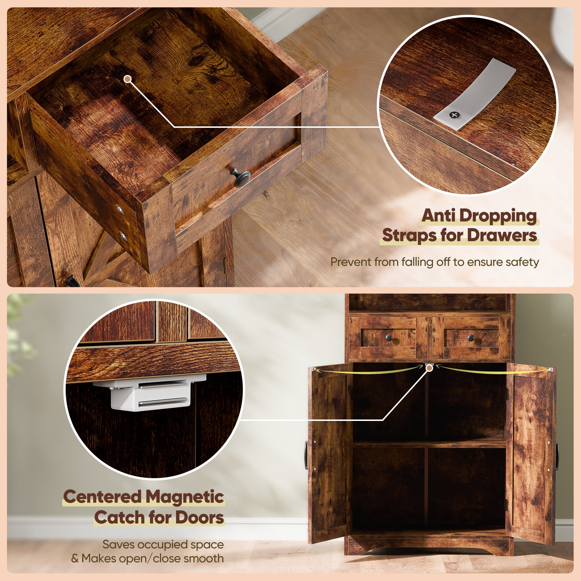 HomGarden Floor Storage Cabinet Large Farmhouse Kitchen Pantry Cabinet W/Drawers & Doors & Shelves for Home, Bathroom, Entryway, Living Room, Rustic
