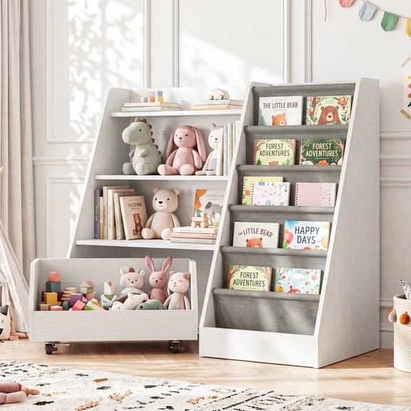 Scohul 3-in-1 Kids Bookshelf and Toy Storage Organizer, Montessori Toddler Bookcase with Rolling Bin for Playroom and Nursery, White
