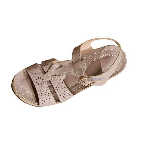 LOVZFMLL Sandals for Women Hollow Open Toe Ankle Strap Chunky Block Heel Sandals Summer Casual Outdoor Walking Sandals Khaki 5.5