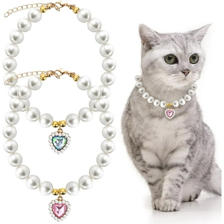 XD4-2 Pcs Adjustable Cat Dog Pet Pearl Collar Small Heart Shape Jewelry Necklace Adjustable Neck Strap Wedding Birthday Party Jewelry Accessories Fancy Pet Dress Collar for Puppy Small*04