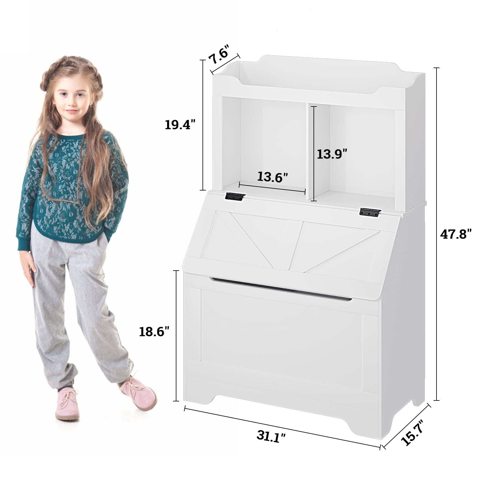 Kids Bookshelf and Toy Storage Organizer, Large Wooden Toy Box Chest with Flip-top Lid and Cubby, 3-Tire Children's Bookcase with Toy Storage Cabinet for Playroom Bedroom Nursery Kindergarten Hallway