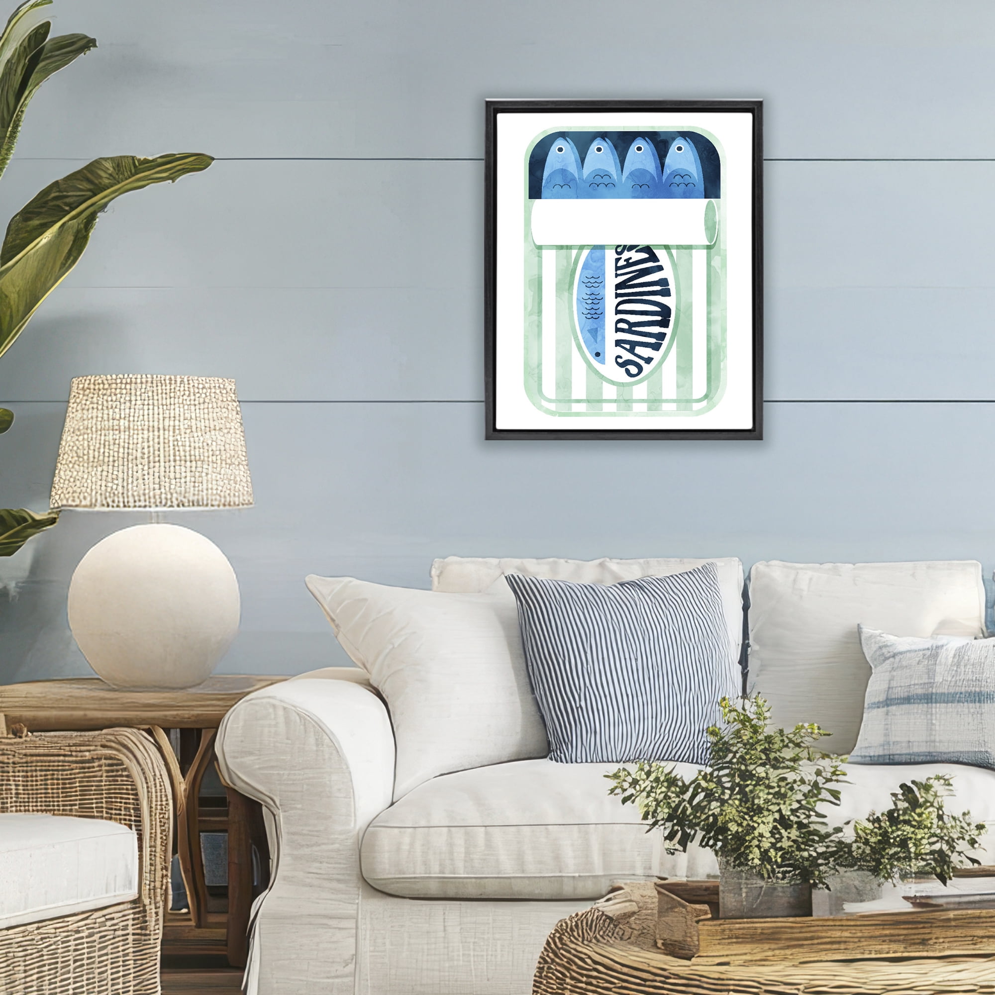 Green Stripe Sardine Tin Black Framed Floater Canvas Wall Art, design by Daphne Polselli