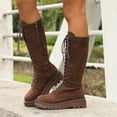 thumbnail image 2 of Pandaie Womens Suede Knee High Boots Lace up Platform Combat Riding Boots Side Zipper Lug Sole Motorcycle Winter Shoes Coffee 7.5, 2 of 7