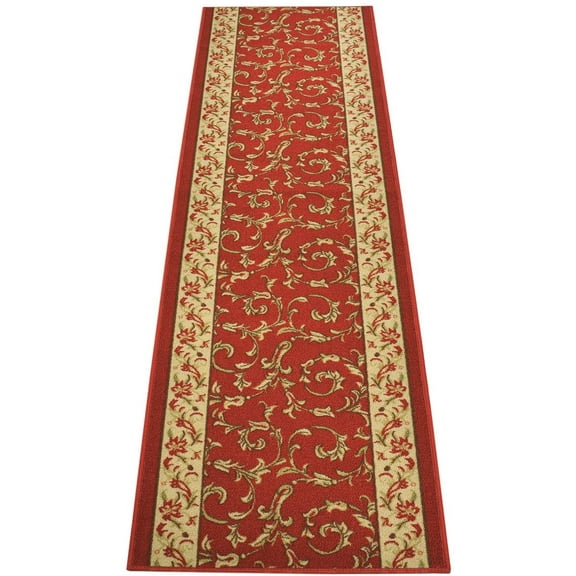 Custom Size Runner Rug Skid Resistant Backing Rug Runner Floral Scroll Bordered Veronica Red Design Pick Your Own Size Rug Runner Cut to Size Roll Runner Rugs By Feet Customize in USA Facility