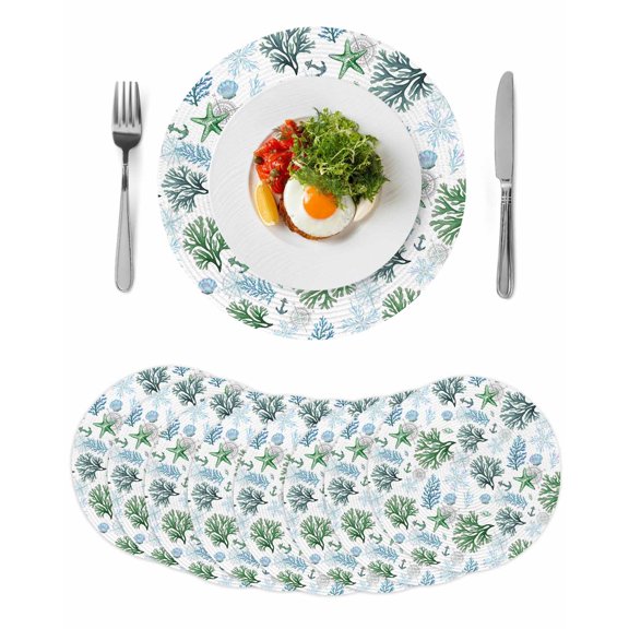 Sage Green Coastal Round 13 Inch Placemats Set of 8, Coral Starfish Seaside Summer Beach HeatResistant Non Slip Place Mats for Dining Table, Wipeable Braided Kitchen Table Mats for Housewarming