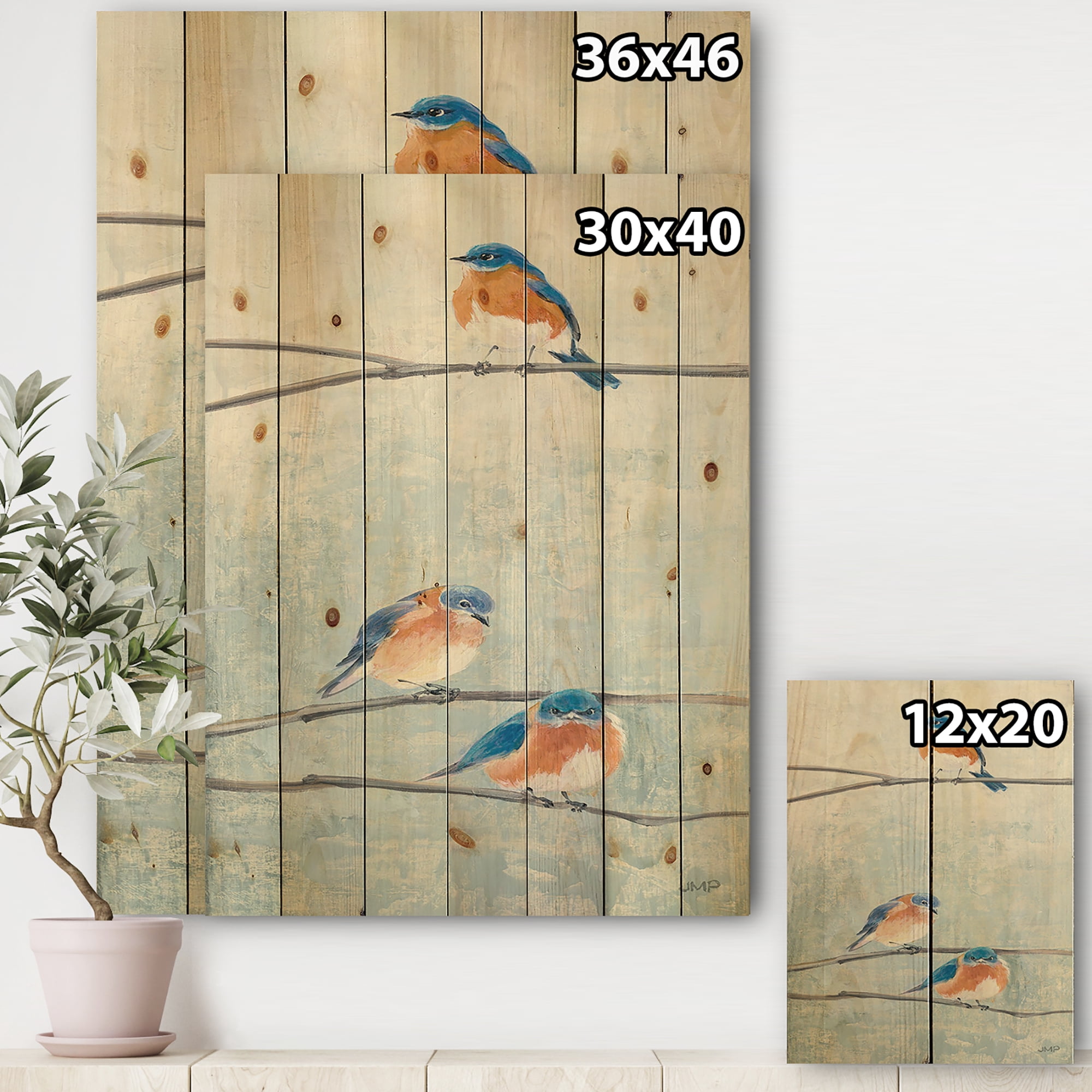 Designart 'Bird Hanging on Tree II' Modern Farmhouse Print on Natural Pine Wood