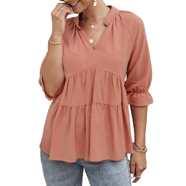 Blusa, Blusa de media manga para mujer con cuello en V y cuello en V suelta Abody Rosa/Medio