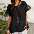 thumbnail image 2 of Olyvenn Fashion Linen Shirts for Women Plus Size Short Sleeve Casual Beach Top Crewneck Loose Fit Vintage Plain Summer Tshirt Blouses Black S, 2 of 6