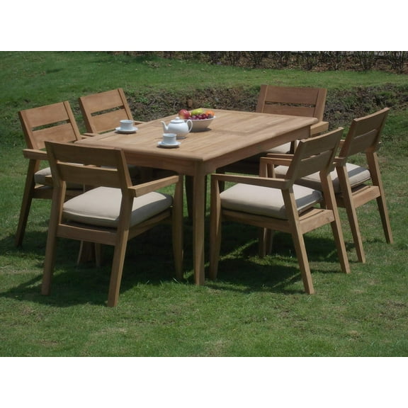 7 PC A Grade Outdoor Patio Teak Dining Set - 60" Rectangle Table & 6 Cellore Stacking Arm Chairs