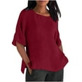 thumbnail image 3 of CFLVAEK Cotton Linen Tops for Women Plus Size Elbow Sleeve Tshirt Casual Summer Crewneck Shirts Solid Color Side Slit T Shirts Wine M, 3 of 6