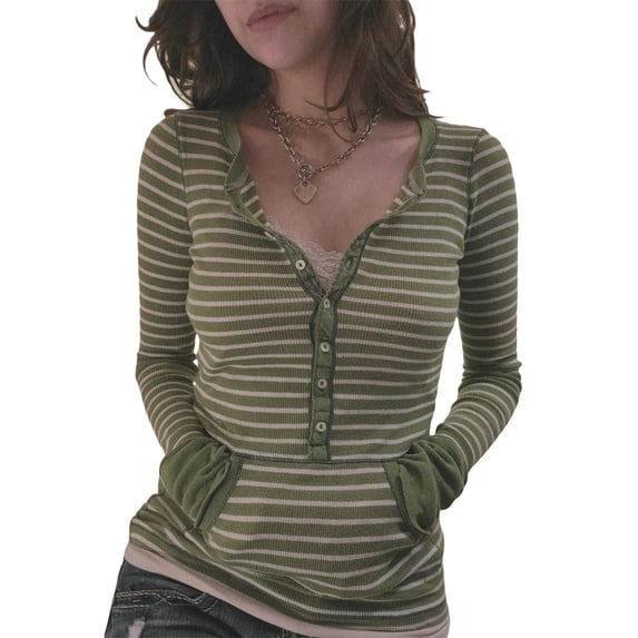 Sedceaty Women Long Sleeve Knit Tops Casual Striped 3/4 Button Pullover Shirt with Pockets for Club Streetwear