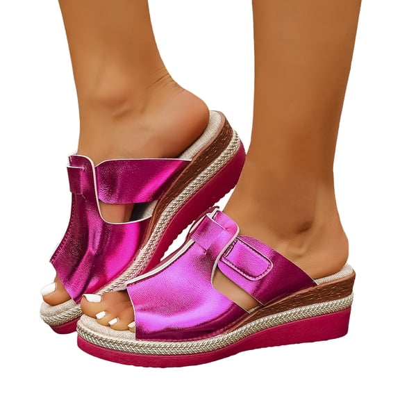 Wedge Sandals for Women Peep Toe Slides Splice Leather Solid Color Platform Espadrilles Hook and Loop Casual Slip on Beach Shoes Purple Size 7.5