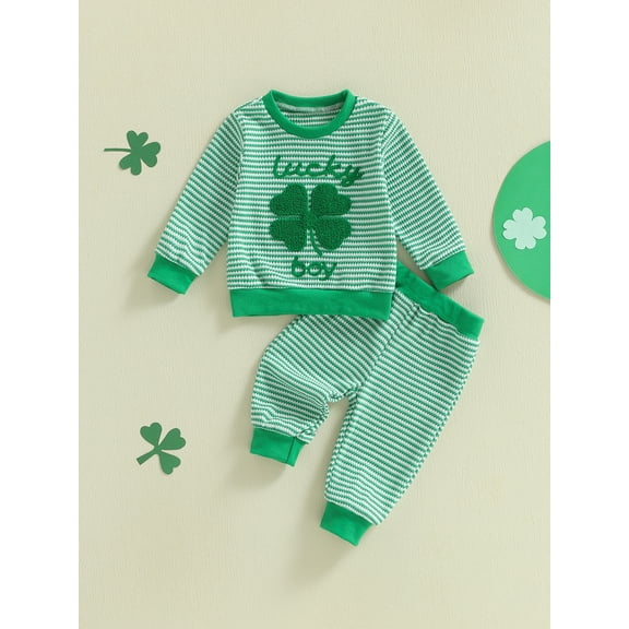 Loicainy Baby Toddler Boy Irish Outfits 3 6 12 18 24 Months 2T 3T Long Sleeve Clover Embroidery Sweatshirt   Pants Set Clothes