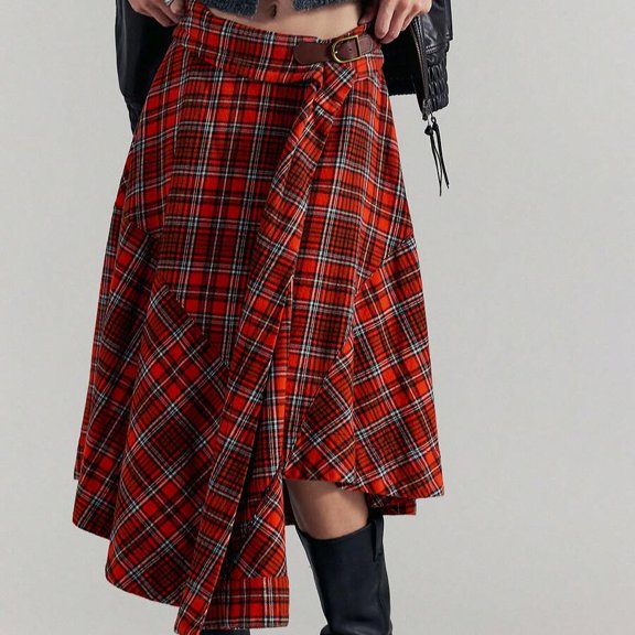 Red Plaid Wrap Midi Skirt Asymmetrical Hem High Waist A-Line Tartan