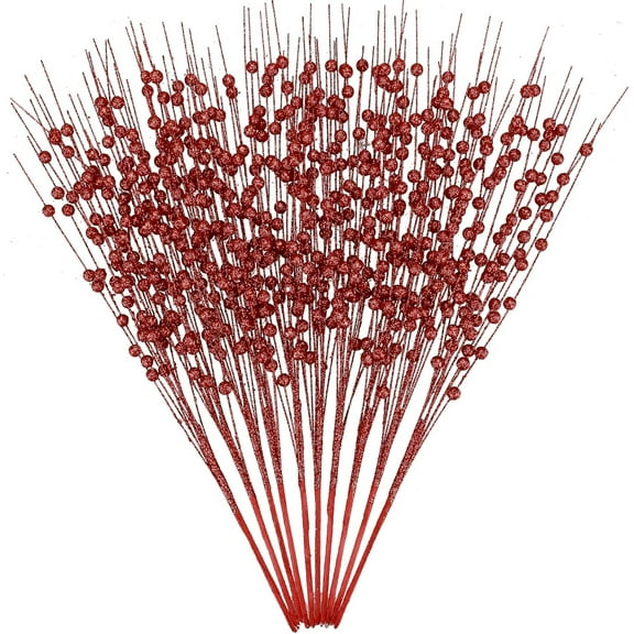 10 Pcs Christmas Tree Picks and Sprays,17 inch Christmas Tree Filler Decorations, Glitter Berry Stem Ornaments, Red