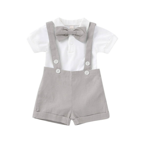 REORIAFEE Toddler Boy Summer Clothes Sets Kid Western Outfit Workout Set Toddler Baby Boys Summer Bow Print Romper Suspenders Suit Gray 100