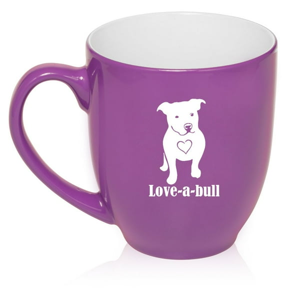 16 oz Large Bistro Mug Ceramic Coffee Tea Glass Cup Love-A-Bull Pitbull Love (Purple)