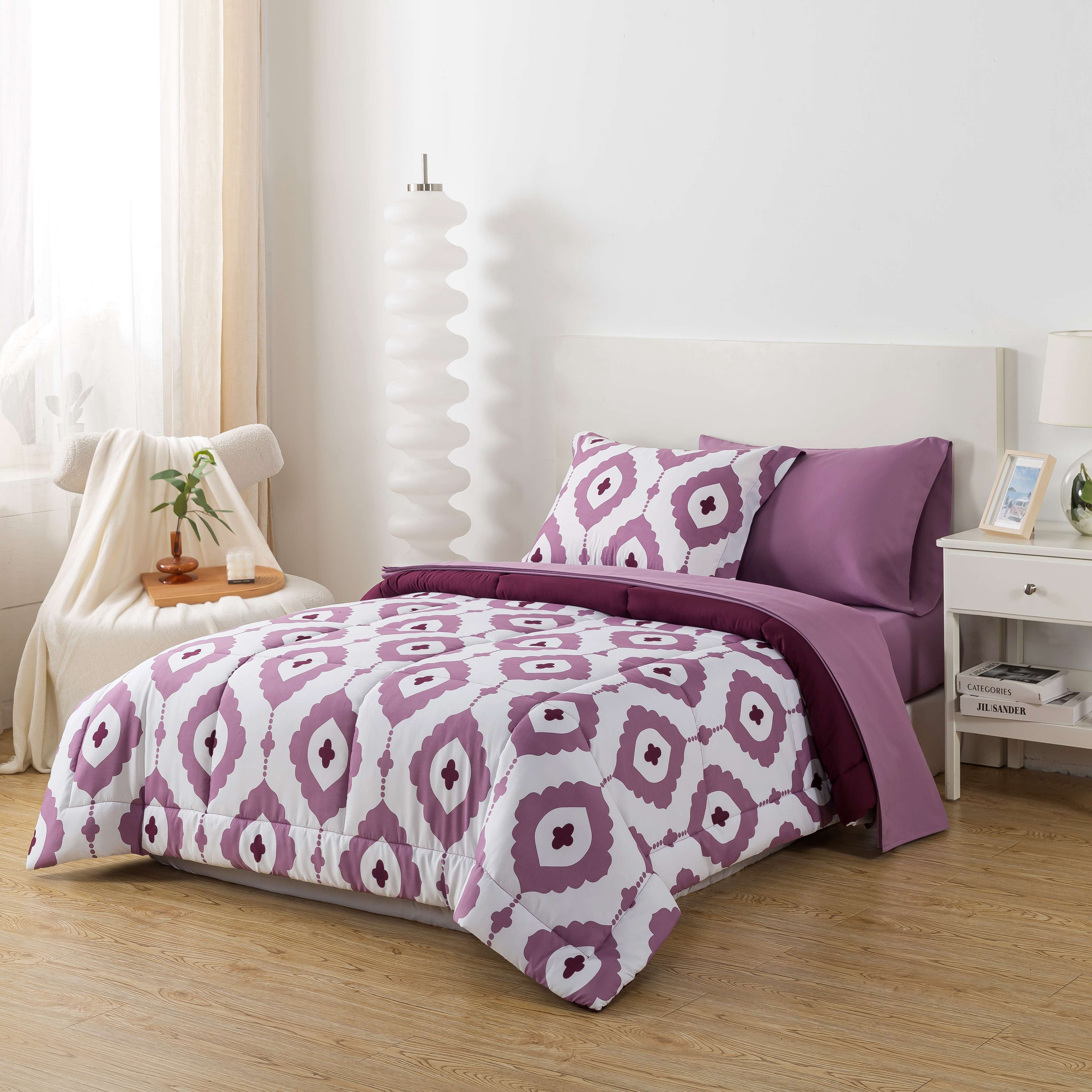 Mainstays All in One Reversible Comforter and Sheet set- 5 Piece, Twin, Purple Geo