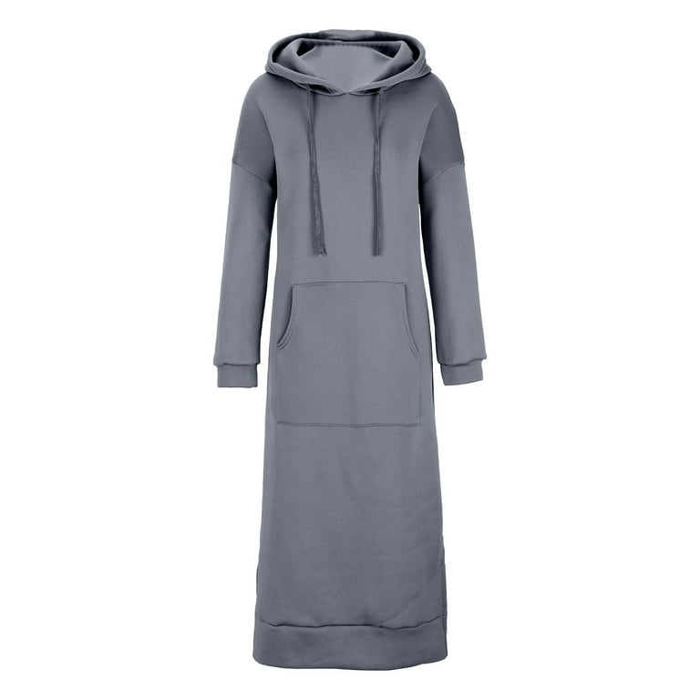 Hvyesh Women Sweatshirt Dresses Long Sleeve Drawstring Hooded Long Dress Classy Plus Size Soild Split Maxi Dress Spring Fall Long Sweatshirt with