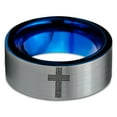 thumbnail image 2 of Tungsten Cross Hearts Band Ring 8mm Men Women Comfort Fit Blue Flat Cut Brushed Gray Polished, 2 of 4