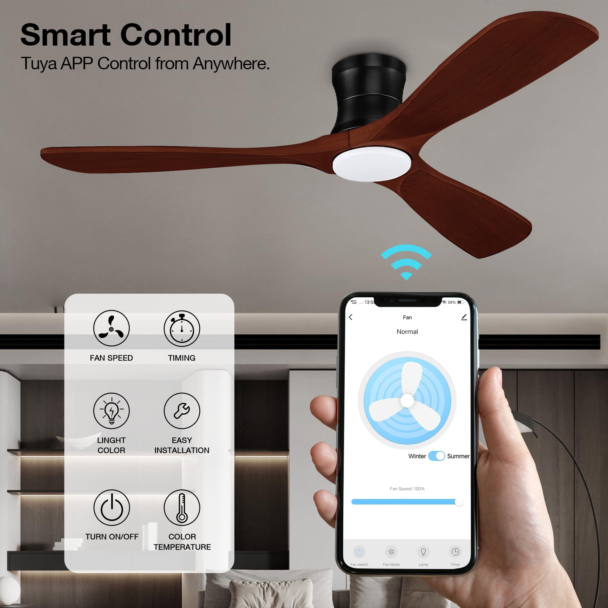 52” Smart Wood Flush Mount Ceiling Fans with Lights Remote,Quiet DC Motor,Outdoor Indoor Low Profile Ceiling Fan,Voice WIFI Alexa App Control,Dimmable,6-speed,for Modern Bedroom Patio