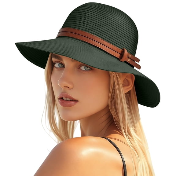 Women's Straw Panama Hat, UPF 50 Wide Brim Foldable Summer Sun Hat, Lightweight Breathable Beach Travel Cap with Denim Rope for Wedding Party Daily Wear Blackish Green