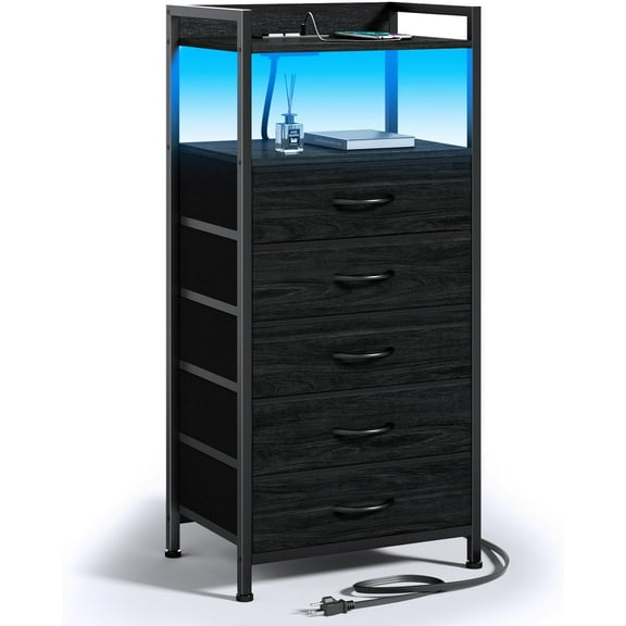 Night Stand with Charging Station, Tall Black Dresser for Bedroom, Nightstand with Led Light, Bed Side Table for Living Room, Fabric Storage Drawer, Metal Frame, Wood Furniture