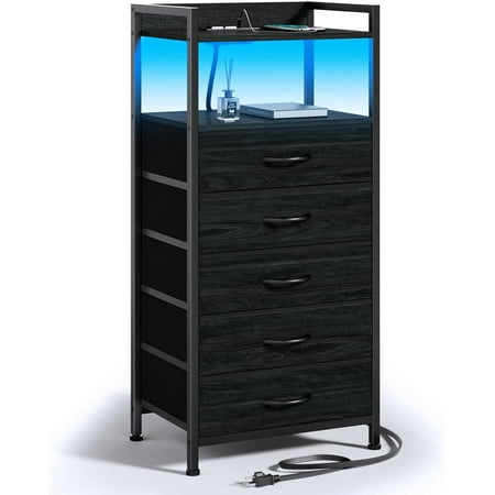 Furnulem Night Stand with Charging Station and Led Light, 4 Drawer Dresser for Bedroom, Small Nightstand Bedside Table, Fabric Bins, Metal Frame, Wood Shelf, Side Furniture(Rustic Brown)