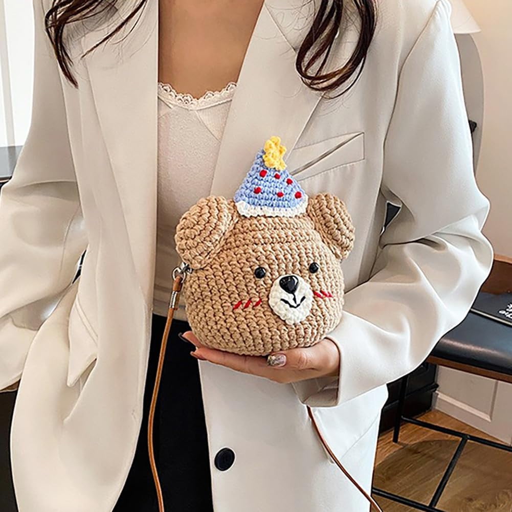 Baguery Handmade Crochet Party Hat Bear Crossbody Bag - Cute Knitted Animal Purse with Metal Frame, Mini Shoulder Bag for Women