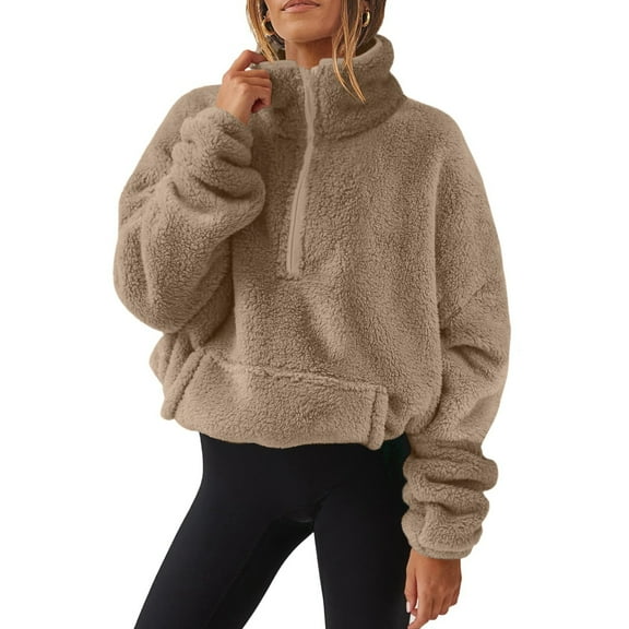 Women Sherpa Pullover Fuzzy Fleece Half Zip Tops Solid Color Long Sleeve Pullover Causel Loose Jacket WIth Pocket