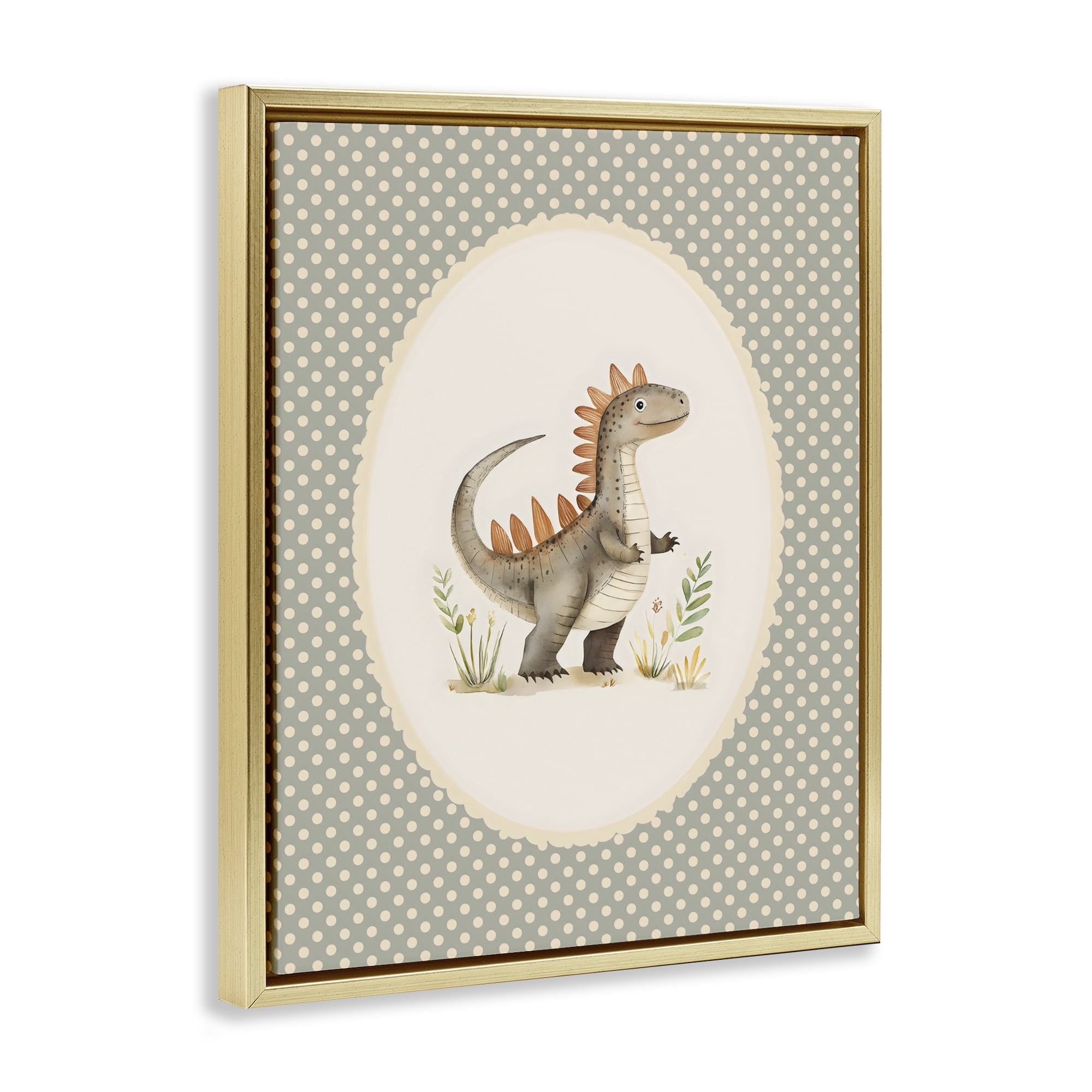 Stupell Industries Watercolor Dinosaur Polka Dot Border Gold Framed Floater Canvas Wall Art, design by LSR Design Studio