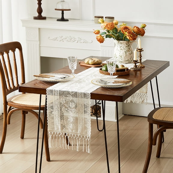 Tunhigl Elegant White Lace Table Runner - 6 ft Embroidered Wildflower Runner for Dining Room, Wedding Party Table Settings, Kitchen, Farmhouse and Rustic Home Decor White