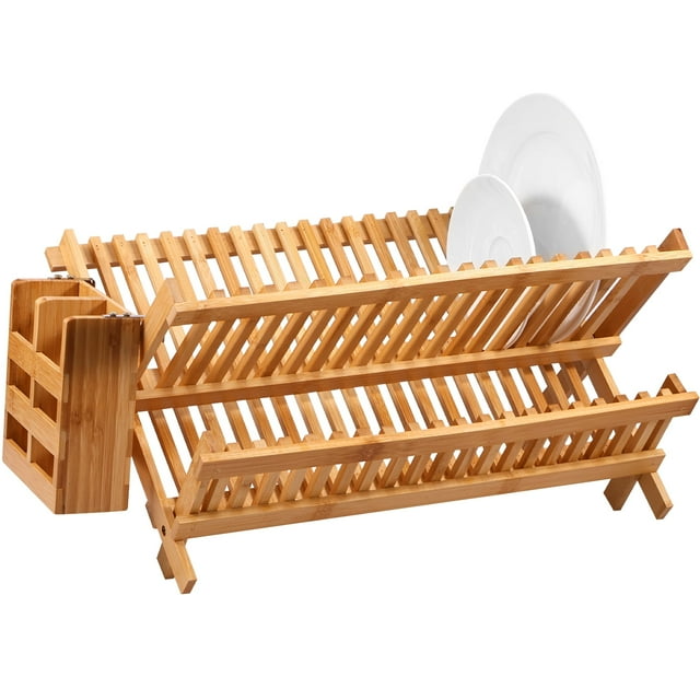Jetcloudlive Escurridor de Platos de Bambú con Soporte para Utensilios, Escurridor de Platos de Madera Plegable, Escurridor Grande de 2 Niveles para Encimera de Cocina