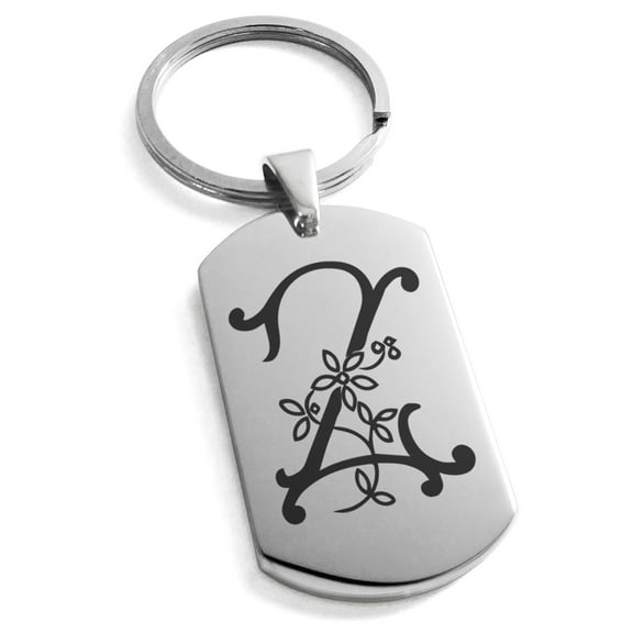 Tioneer Stainless Steel Letter Z Initial Floral Monogram Engraved Dog Tag Keychain Keyring