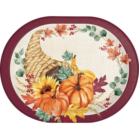 Fall Feast Cornucopia 12-inch Oval Paper Plates 8 Per Pack