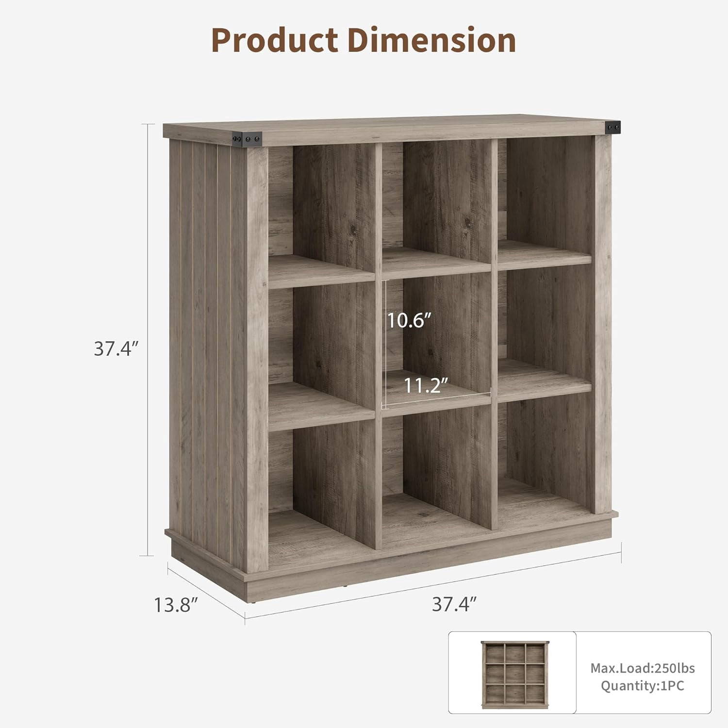 GarveeHome 9 Cube Storage Organizer Bookshelf, 37.4" Grey 4-Tier Farmhouse Bookcase, Long Low Wood Storage Shelf for Entryway & Living Room,Grey
