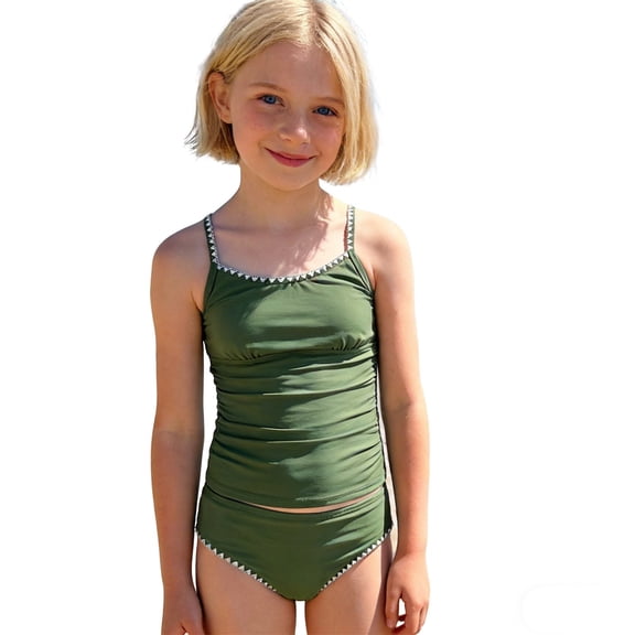Tween Girls Swimsuit Summer Solid Color Tankini Two Piece with Contrast Binding Trim for Swimming Beach Set Bathing Suit Swimwear Swimsuits