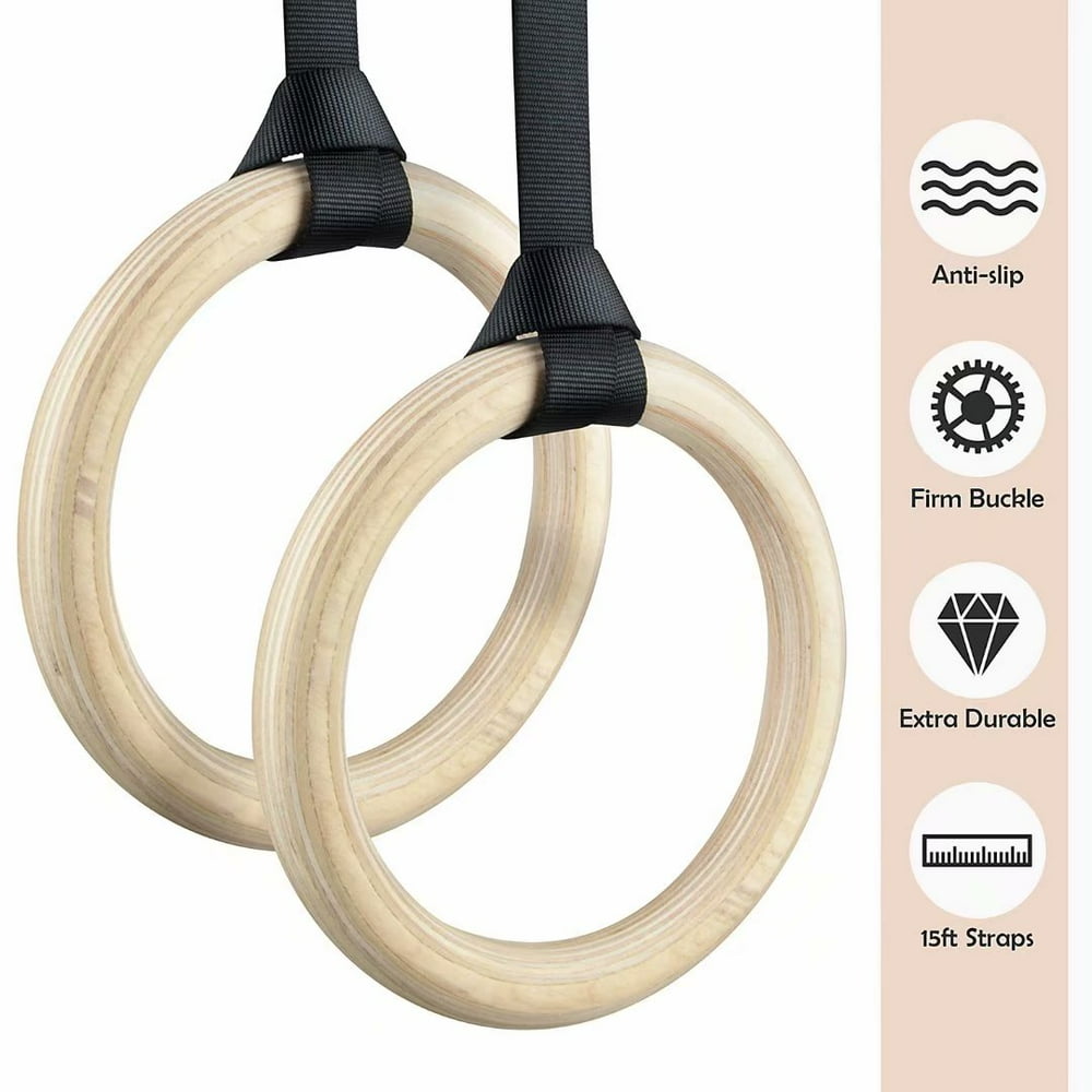 Wood Gymnastics Rings with Adjustable Buckle 15ft Long Straps Exercise Rings NonSlip Training